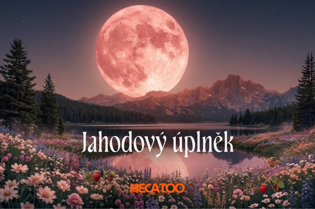 Jahodový úplněk nad horským jezerem a rozkvetlou loukou.