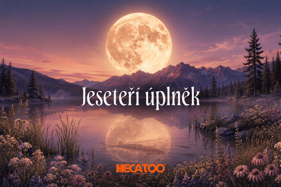Jeseteří úplněk nad horským jezerem s odrazem Měsíce na hladině.