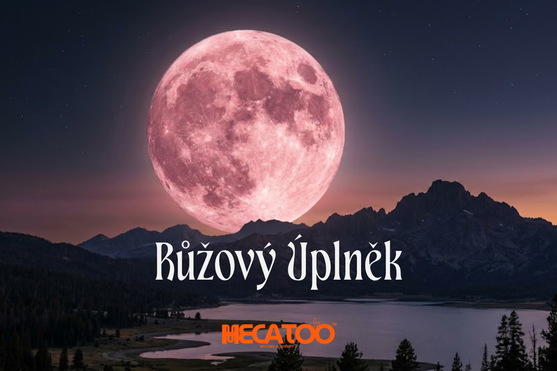 Růžový úplněk duben 2026 nad horskou krajinou při západu slunce – Hecatoo